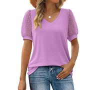 NSICBMNO Purple Summer Short Sleeve Blouses Ruffle Puff Sleeve Top Square Neck T Shirts Oversized T Shirts Tunic Tops Casual Loose Blouses for Beach Club Party Streetwear