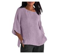 NSICBMNO Purple Summer Tops for Women UK Plus Size Oversized T Shirts Cotton Linen Top Round Neck Tshirt Short Sleeve Tops Ladies Tunic Top Boho Baggy Gym T Shirt Loose Blouses Flowy Tshirt