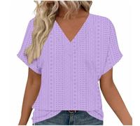 NSICBMNO Purple Summer Tops for Women UK Short Sleeve Blouses Eyelet Embroidery Top V Neck Tshirt Over Sized T Shirts Boho Tunics Baggy Tshirts Casual Loose Blouses for Holiday Beach Office Work