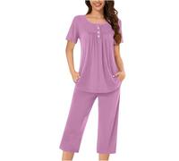NSICBMNO Purple Two Piece Outfit Women Cropped Pyjamas Summer Co Ord Sets Round Neck T Shirts Capri Pants Pjs Set Lounge Wear Sets Pleated Tunic Tops 3/4 Trousers Loungewear Sleepwear Plus Size