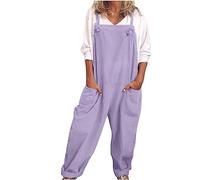 NSICBMNO Purple Women's Dungarees Summer Wide Leg Linen Jumpsuit Harem Dungarees Boho Romper Square Neck Playsuit Bib Pants All In One Jumpsuits Baggy Trousers Long Playsuit Beach Romper With Pocket