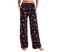 NSICBMNO Pyjama Bottoms Womens Cotton Pyjama Bottoms Cherry Pjs Wide Leg Trousers Lightweight Elasticated Waist Summer Pants Baggy Trousers Loose Lounge Pants Flared Leggings With Pockets