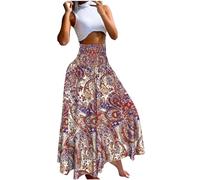 NSICBMNO Red Boho Skirts for Women UK Long Pleated Skirts Summer Gypsy Floral Maxi High Waisted A Line Flared Casual Beach for Holiday Beach Party