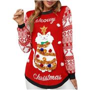 NSICBMNO Red Christmas Jumpers for Women Knitted Jumper Cat Christmas Jumper Fairisle Sweater Funny Xmas Jumpers Red and Black Sweater Long Sleeve Tunic Tops Crew Neck Sweatshirt Sequin Tops