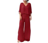 NSICBMNO Red Co Ord Sets For Women Elegant 2 Piece Outfits Ladies Chiffon Wedding Outfit Oversized V Neck T Shirts Half Sleeve Tops Wide Leg Trousers Mother Of The Bride Sets Loungewear Plus Size