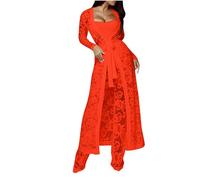 NSICBMNO Red Co Ord Sets For Women Three Piece Wedding Guest Outfit Elegant Trouser Suits Strapless Bandeau Tops Floral Lace Trousers Wide Leg Pants Long Cardigans Lounge Sets Going Out Outfits