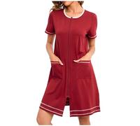NSICBMNO Red Dressing Gowns For Women Uk Lightweight Bath Robes Zip Up Dressing Gowns Short Nighties Cotton Nightdresses Short Sleeve Pyjamas Ladies Open Front Cardigans Nightgowns With Pockets