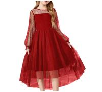 NSICBMNO Red Girls Princess Dress Tulle Dresses Mesh Puff Long Sleeve High Waist A Line Dress Kids Bridesmaid Wedding Party Pageant Vintage Dresses Dance First Communion Ball Gown for 0-12 Years