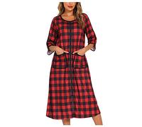 NSICBMNO Red Long Nightgowns For Women Zip Up Bathrobes Tartan Dressing Gown Lightweight Housecoats Short Sleeve Nighties Long Length Nightdresses Zip Front Dressing Gowns Nightwear With Pockets