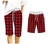NSICBMNO Red Long Shorts for Women UK Plaid Pyjamas Bottoms Knee Length Leggings Straight Leg Lounge Pants Summer Capris Girls Hot Pants Casual Beach Loose Drawstring Checked Shorts with Pockets XL