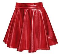 NSICBMNO Red Mini Skirts for Women UK Sexy Pleated Skirt Shiny Metallic Skirt Flared Skater Wet Look Short High Waist A Line Festival Rave Outfit for Disco Dance Party Clubwear