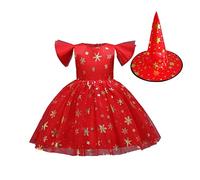 NSICBMNO Red Party Dress Girls Tulle Dresses Sequin Gown with Witch Hat Kids Halloween Costumes A Line Dress First Communion Pageant Party Dresses Bridesmaid Wedding Gown for Age 1-10 Years