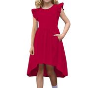 NSICBMNO Red Prom Dress for Girls Tutu Party Dresses Big Girls Flutter Sleeve Summer A Line High Low Dress First Communion Pageant Party Dresses Bridesmaid Prom Formal Ball Gown for 5-13 Years