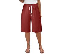 NSICBMNO Red Running Shorts Womens Wide Leg Lounge Pants Ladies Linen Knee Length Shorts Drawstring Joggers with Pockets Elastic Waist Trousers Workout Yoga Short Lounge Pants Baggy Sweatpants