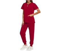 NSICBMNO Red Scrubs Uniforms Women Set Nursing Uniforms Scrub Set Nurse Top & Pants Healthcare Uniform Cuffed Baggy Joggers Work Suits Medical Scrubs Beautician Doctor Cosmetic Spa Hospital Work Wear