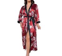 NSICBMNO Red Silk Dressing Gown For Women Uk Plus Size Kimono Robes Long Dressing Gowns Lightweight Housecoats Satin Floral Robes Sexy Nightwear Full Length Bathrobes Spa Robe Sleepwear With Belt