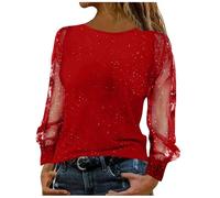 NSICBMNO Red Sparkly Tops for Women UK Long Sleeve Sequin Tops V Neck Blouses Glitter Shirts Rhinestone Top Mesh T Shirt Sexy Sparkle Going Out Party Top Tunic Shirts Evening Cocktail Night Club