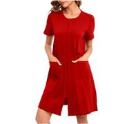 NSICBMNO Red Summer Pyjamas For Women Uk Zip Up Dressing Gowns Short Sleeve Nighties Lightweight Bath Robes Round Neck Cardigans Nightwear Short Nightdresses Nightgowns With Pockets House Coats