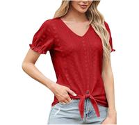 NSICBMNO Red Summer Tops for Women UK Ruffle Short Sleeve Blouse Eyelet Tops Tie Front Top V Neck Tshirt Oversized Baggy T Shirts Casual Tshirt Going Out Blouses for Holiday Beach Office Work