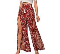 NSICBMNO Red Summer Trousers for Women UK Wide Leg Trousers Side Split High Waisted Loose Casual Trosuers Ladies Palazzo Trosuers Floral Printed for Yoga Beach Dance