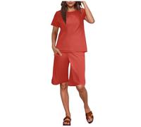 NSICBMNO Red Two Piece Outfit Women Shorts Co Ord Sets Summer Lounge Sets Short Sleeve Tops Round Neck T Shirt Elastic Waist Knee Length Shorts Casual Tracksuits Airport Outfit
