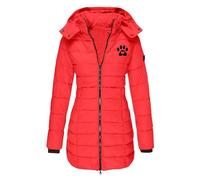 NSICBMNO Red Winter Coat For Women Uk Puffer Jacket With Detachable Hood Long Padded Coats Paw Print Jacket Zip Up Slim Fit Coat Down Quilted Cotton Plus Size