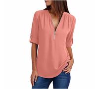 NSICBMNO Red Women's Summer Tops Long Length T Shirts Short Sleeve Blouses V Neck T Shirts Half Zip Top Chiffon Blouses Tunic Tshirt Flowy Top Casual Loose for Going Out Holiday Beach