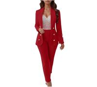 NSICBMNO Red Women's Trouser Suits Elegant 2 Piece Outfits Double Breasted Blazer Open Front Cardigans Straight Leg Tailored Trousers Co Ord Sets Wedding Formal Outfits For Business Office Work