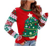 NSICBMNO Red Xmas Jumpers for Women UK Long Sleeve Tops Ugly Christmas Sweater Oversized Jumper Round Neck Tops Funny Christmas Jumpers Tree Jumper Tunic Long Sweater Loungewear