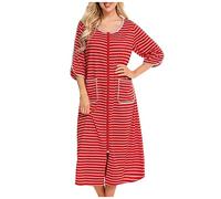 NSICBMNO Red Zip Dressing Gowns For Women Uk Striped Pyjamas Lightweight Bath Robes Short Sleeve Nighties Long Nightgowns Soft Dressing Gown Nightwear Ladies Nighties With Pockets Homewear