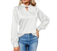 NSICBMNO Satin Blouses for Women UK Elegant Tops V Neck Shirts Lantern Sleeve Blouse Long Sleeve Pullover Tops Loose Blouses Casual Shirt Tunic Silk for Going Out Wedding Office Work White