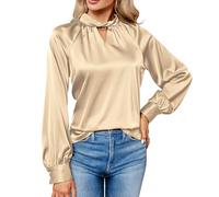 NSICBMNO Satin Blouses for Women UK Elegant Tops V Neck Shirts Lantern Sleeve Blouse Long Sleeve Pullover Tops Loose Blouses Casual Shirt Tunic Silk for Going Out Wedding Office Work Gold