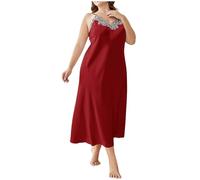 NSICBMNO Satin Nightdress for Women Plus Size Long Silk Nighties Babydoll Strap Chemise Sexy Nightwear Nightgown Full Slips Ladies V Neck Pyjamas Santin Negligees Lace Nightgown Lounge Wear Red