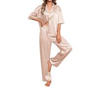 NSICBMNO Satin Pyjamas For Women Button Up Pyjamas Summer Lounge Wear Sets Short Sleeve Tops Tunic Blouses Wide Leg Trousers Long Pants Silky Pjs Two Piece Outfit Sleepwear