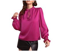 NSICBMNO Satin Tops for Women UK Lantern Sleeve Blouse Ruffle Neck Top Silk Blouses Ladies Elegant Office Blouses Tunic Tops Loose Casual Long Sleeve for Going Out Hot Pink