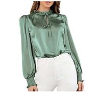 NSICBMNO Satin Tops for Women UK Lantern Sleeve Blouse Ruffle Neck Top Silk Blouses Ladies Elegant Office Blouses Tunic Tops Loose Casual Long Sleeve for Going Out Mint Green