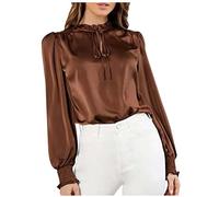 NSICBMNO Satin Tops for Women UK Lantern Sleeve Blouse Ruffle Neck Top Silk Blouses Ladies Elegant Office Blouses Tunic Tops Loose Casual Long Sleeve for Going Out Brown