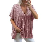 NSICBMNO Sequin Tops for Women UK Party Tops Oversized T Shirts V Neck Blouses Short Sleeve Shirts Sparkle Jumpers Going Out Long Tunic Pullver Glitter T Shirt for Cocktail Clubwear