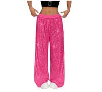 NSICBMNO Sequin Trousers Women Elasticated Waist Wide Leg Flared Trousers Sequins Sparkly Trendy Solid Color Elegant Pants Casual Holiday Going Out Party Clubwear, Pink, L