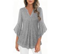 NSICBMNO Silver Party Tops for Women UK Sparkly Sequin Tops 3/4 Sleeve Tunic Glitter Shirt Ladies Ruffle Blouses V Neck T Shirts Y2K Flared Mesh T Shirt Sexy Blouses for Going Out Evening Clubwear
