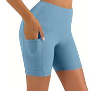 NSICBMNO Sky Blue Cycling Shorts Women Gym Leggings with Pockets High Wasited Yoga Pants Tummy Control Workout Leggings Summer Running Shorts Sexy Hot Pants Lightweight Jogging Bottoms Activewear