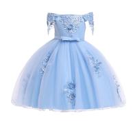 NSICBMNO Sky Blue Party Dress Girls Tulle Princess Dresses 3D Flower Cold Shoulder Bow Tie Dress First Communion Pageant Party Dresses Bridesmaid Christening Elegant Formal Gown for Age 3-10 Years