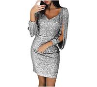 NSICBMNO Sparkly Dresses for Women UK Long Sleeve Dresses Bodycon Midi Sparkly Glitter Party Prom Dress Clubwear Ruched Mini Prom Dress Mermaid for Going Out