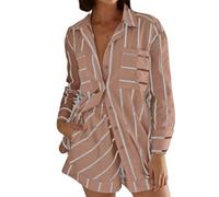 NSICBMNO Summer Co Ord Sets For Women Plus Size Two Piece Outfit Striped Shorts Sets Oversized Long Sleeve Shirts High Waisted Shorts Lounge Set Casual Tracksuit With Pockets Y2K Streetwear
