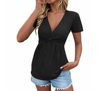NSICBMNO Summer Tops for Women UK V Neck T Shirts Twist Front Tops Low Cut Wrap Going Out Peplum Top Short Sleeve Blouses Flowy Top Y2K Babydoll Shirt Casual Summer Vacation Boho Shirts A Black
