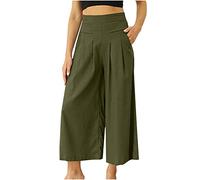 NSICBMNO Summer Wide Leg Trousers Womens Loose Plus Size Elasticated Belted High Waist Lounge Wear with Slant Pockets Casual Baggy Ninth Pants Palazzo Trousers Yoga Spring Autumn Army Green S