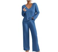 NSICBMNO Two Piece Outfit Women Co Ord Sets Ribbed Lounge Wear Sets V Neck Jumpers Oversized Sweatshirt Wide Leg Trousers Flared Joggers Airport Travel Outfit Tracksuit Full Set Streetwear