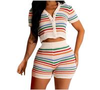 NSICBMNO Two Piece Outfit Women Crochet Co Ord Sets Button Up Cropped Knit Cardigan Crochet Beach Shorts Short Sleeve Tops Leggings Shorts Summer Lounge Wear Sets For Holiday Beach Swimwear