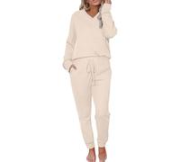 NSICBMNO Two Piece Outfit Women Lounge Sets Winter Pyjamas Waffle Knit Tops Oversized V Neck Jumper Long Sleeve Tops Baggy Pj Bottoms With Pockets Lounge Wear Sets Travel Outfit Sleepwear