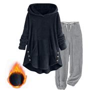 NSICBMNO Two Piece Outfit Women Loungewear Sets Fleece Trousers Long Hoodies Tunic Tops Baggy Sweatshirts Thermal Fleece Pyjamas Travel Outfit Long Sleeve Tops Wide Leg Trousers Track Suits